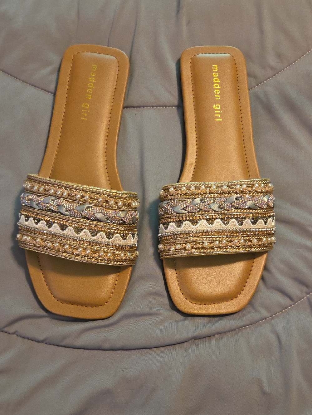 Madden Girl Tan Embellished Slide Sandals - Size 8